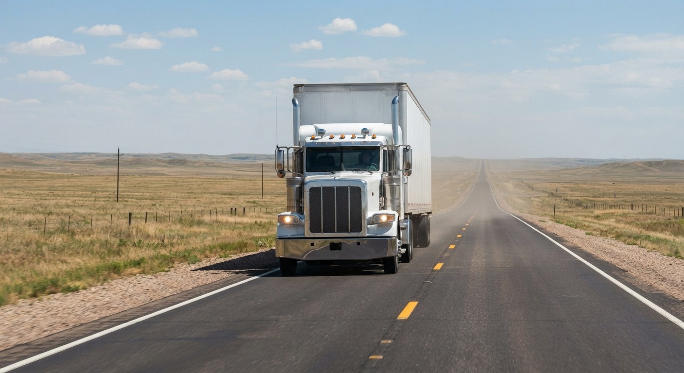 FAQIR TRUCKING INC tractor-trailer on a plains highway at sunrise